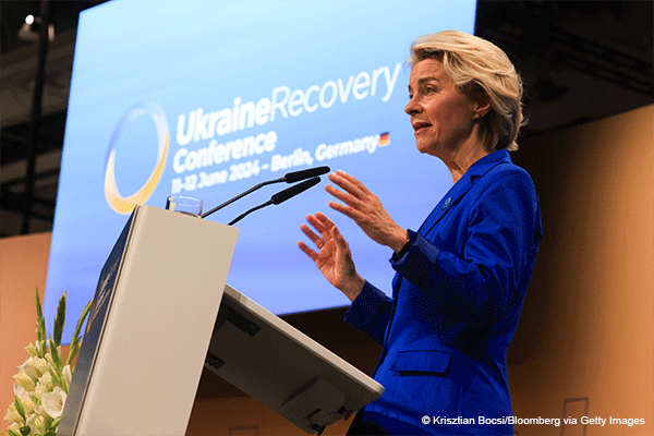 Ursula von der Leyen giving a speech at Ukraine Recovery Conference in Berlin